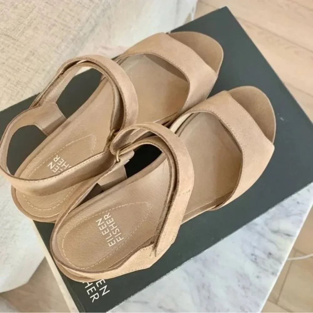 🌞 Eileen Fisher Beige Barley Beck Sporty Platform Wedge Heeled Sandals